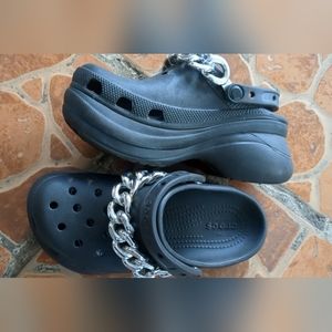 Crocs Bae Platforms with Silver Embellished Chain in Black, Size 5